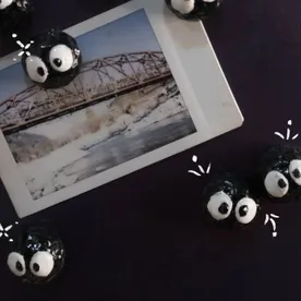 Round black soot magnets with googly eyes holding a photo.